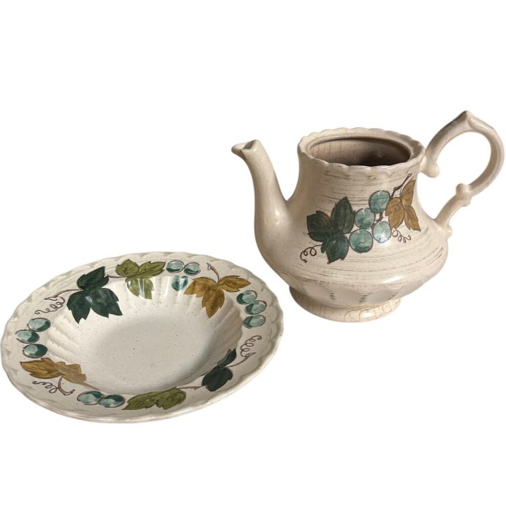 Vintage Metlox‎ Vernon Ware Grapevine Teapot & Bowl California Pottery
